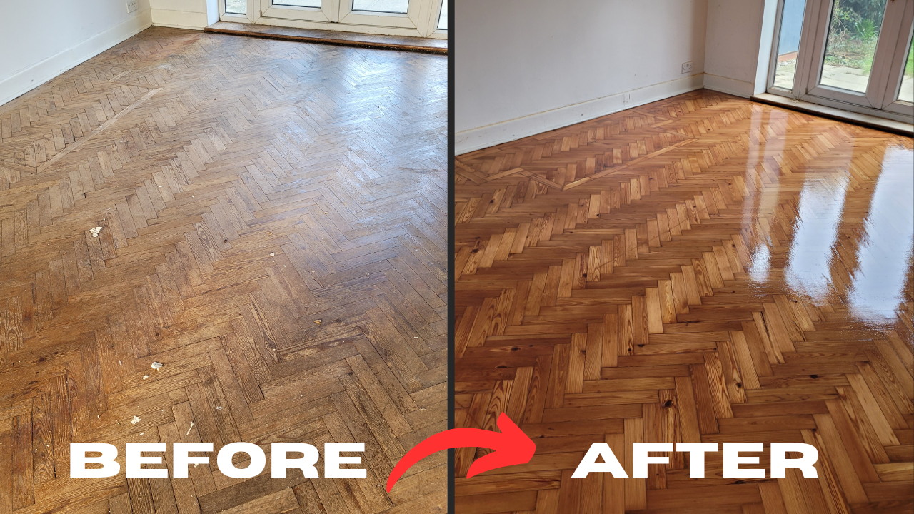 Before-and-after professional wood floor sanding in Greenwich on a herringbone parquet floor, showing worn, dull boards transformed into a glossy, honey-toned finish.