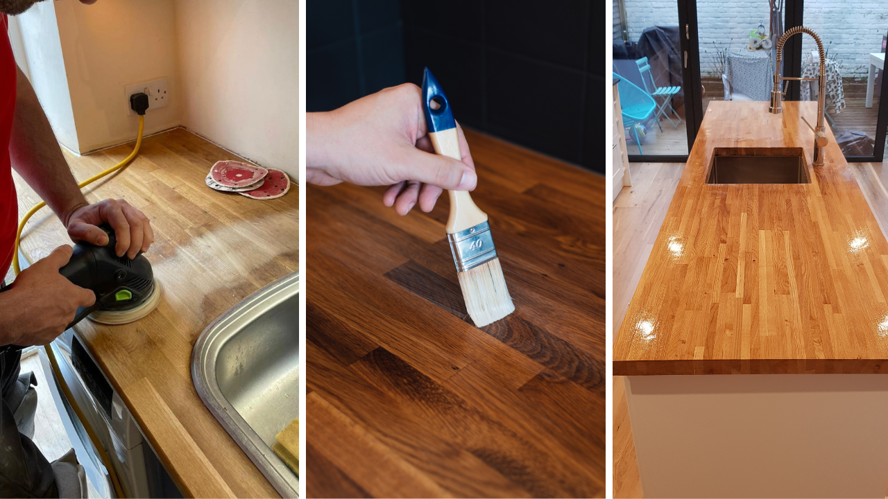 Kitchen Worktop Sanding in Greenwich – three-panel sequence showing an oak butcher-block worktop being sanded near the sink, oil applied with a brush, and the glossy finished surface; light oak hardwood floor visible.
