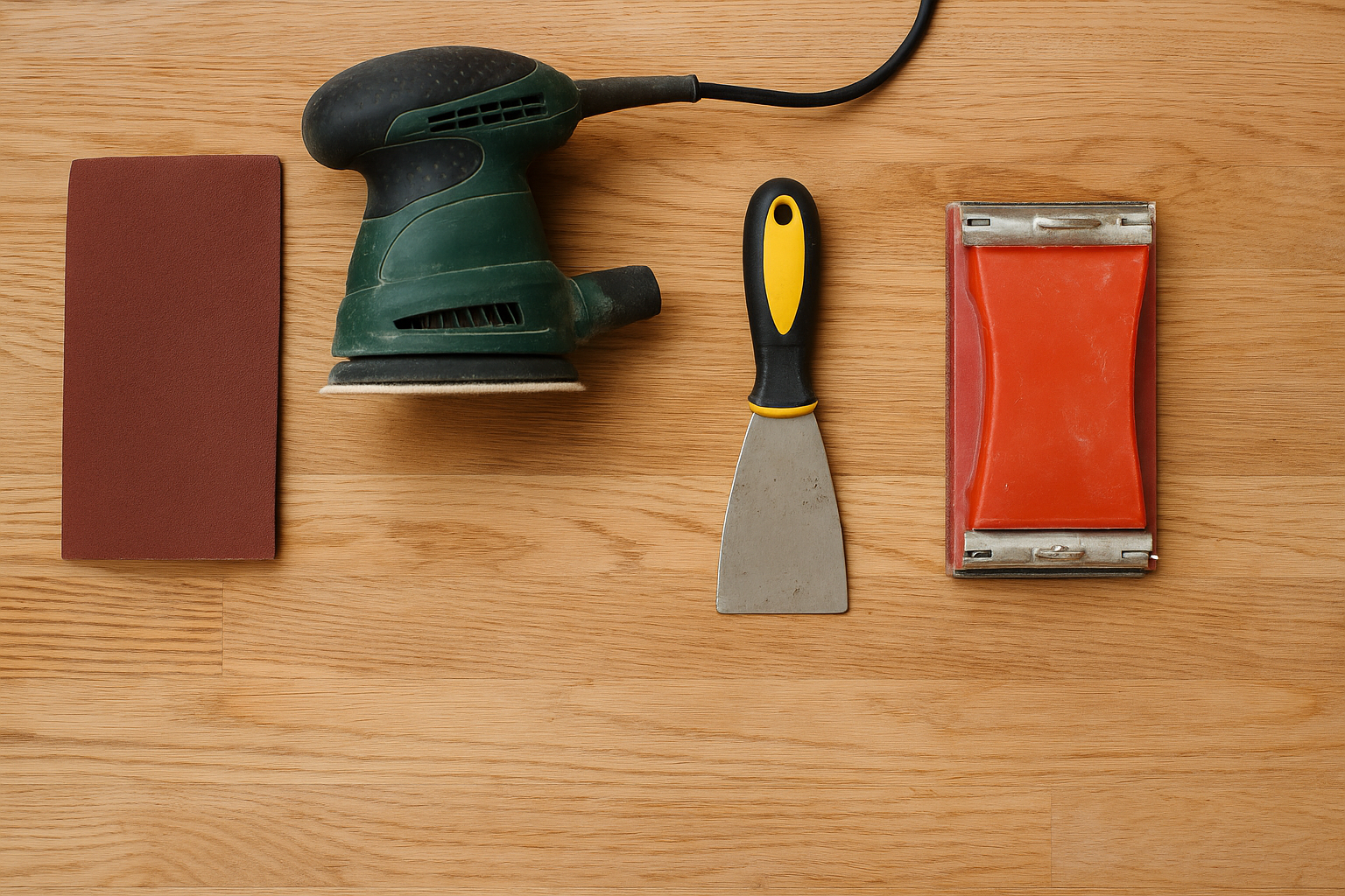 Kitchen Worktop Sanding in Greenwich – orbital sander, scraper, sanding block and abrasive sheet arranged on an oak worktop, with an oak hardwood kitchen floor.