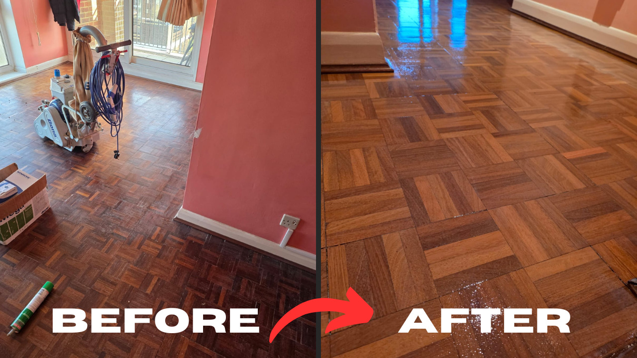 Wood Floor Sanding in Greenwich – before and after restoration of an oak mosaic parquet floor showing a dramatic transformation from dull to glossy.