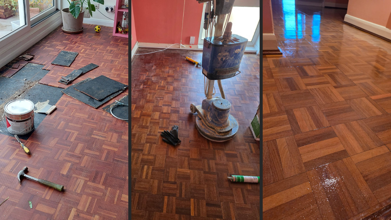 Wood Floor Sanding in Greenwich on an oak mosaic parquet floor showing repair, sanding and fully restored glossy finish stages.