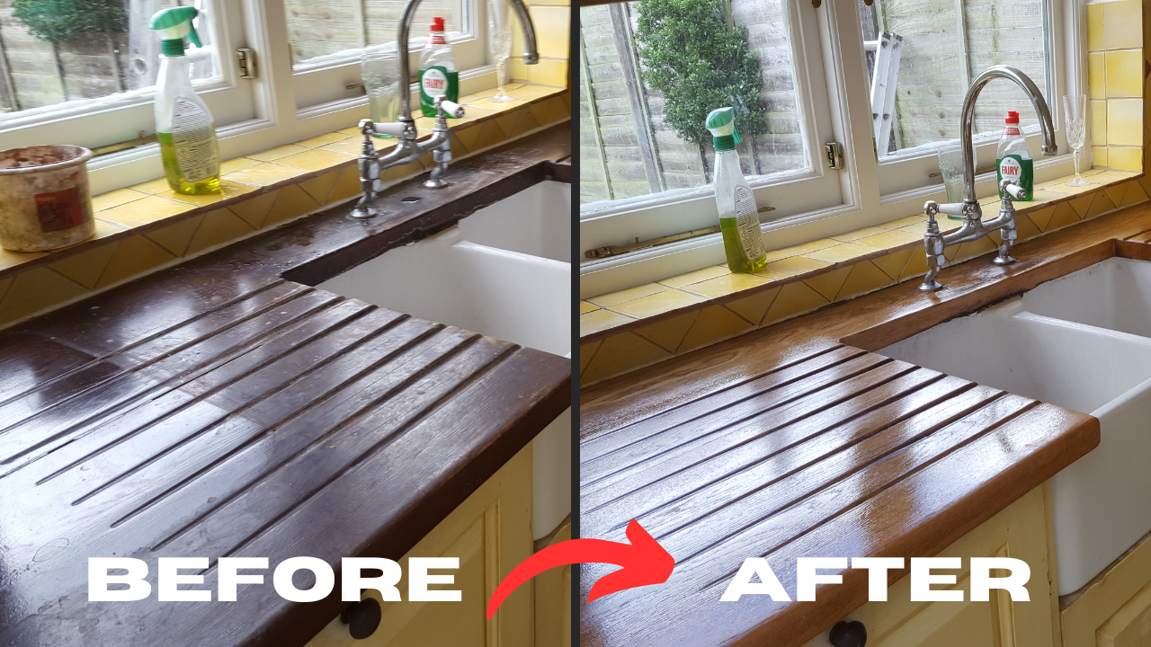 Worktop Refinishing in Greenwich – before and after restoration of a solid oak hardwood kitchen worktop around a Belfast sink, showing a smooth, glossy, hygienic surface.